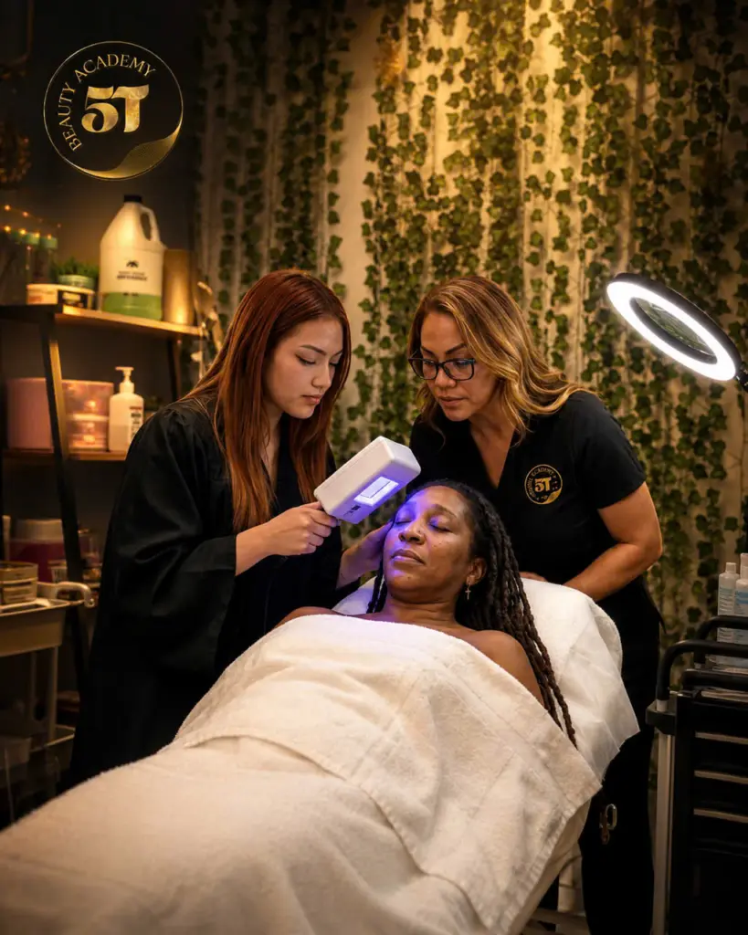 Esthetician student performing professional skin analysis during hands-on skincare training at 5T Beauty Academy.