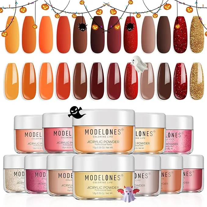 Modelones 12 Pcs Fall Winter Acrylic Powder Set Maple Leaf Collection Acrylic Nail Powder Gold Red Orange Brown Professional Nail Extension