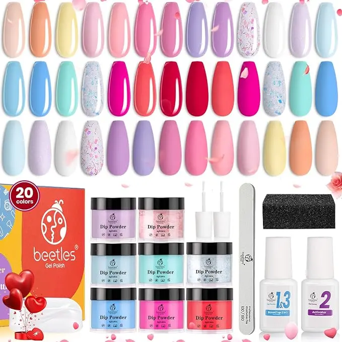 Beetles 20Pc Dip Powder Nail Kit Starter, Pastel Macaron Colors Collection Trendy Spring Summer Blue Pink Red Glitter Colors with 2 In 1 Base Top Coat Activator Dipping Powder Set,