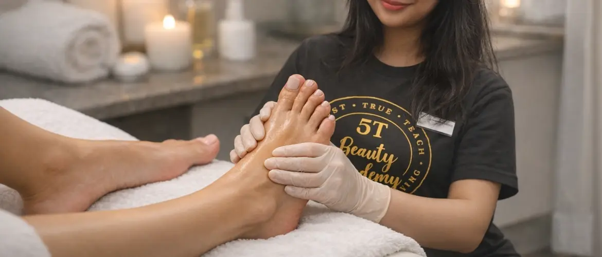 Professional foot massage during pedicure service at 5T Beauty Academy in Raleigh NC