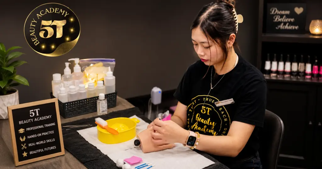 Nail technician student practicing professional manicure and nail care techniques during hands-on training at 5T Beauty Academy.