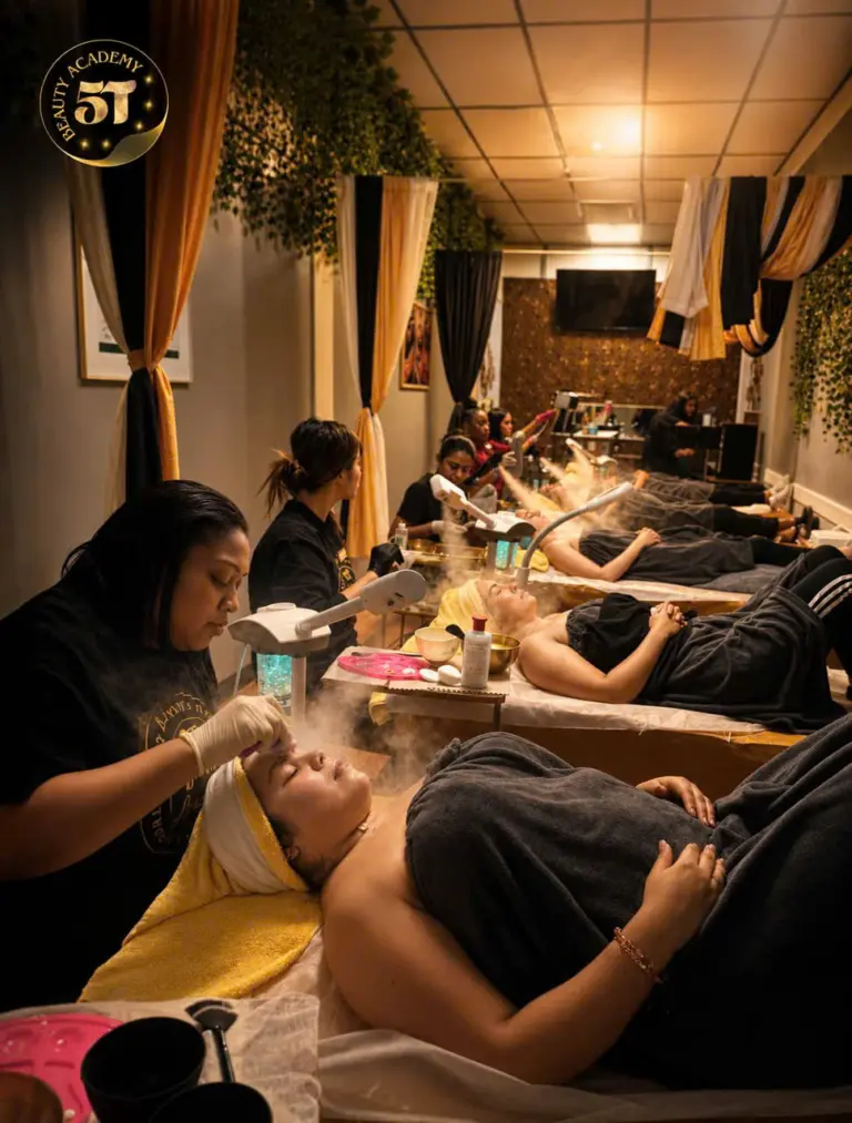 Students learning professional facial and skincare treatments inside 5T Beauty Academy esthetic training classroom in Raleigh NC.