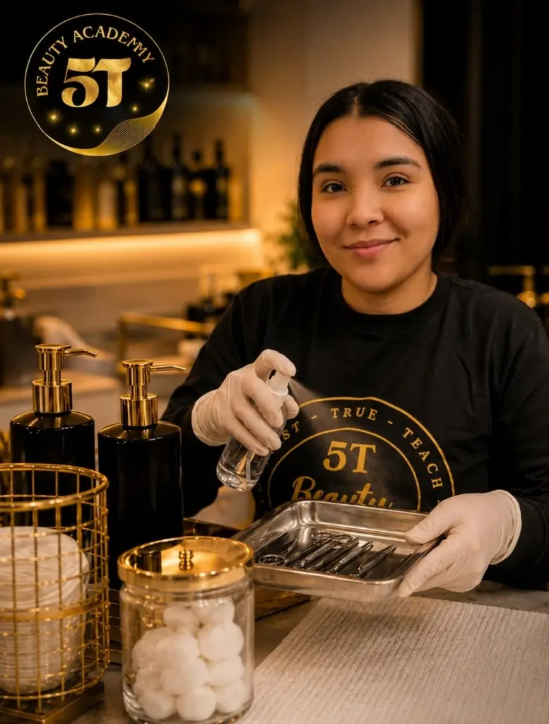 Beauty school students learning proper sanitation and hygiene procedures in a professional salon training environment at 5T Beauty Academy.
