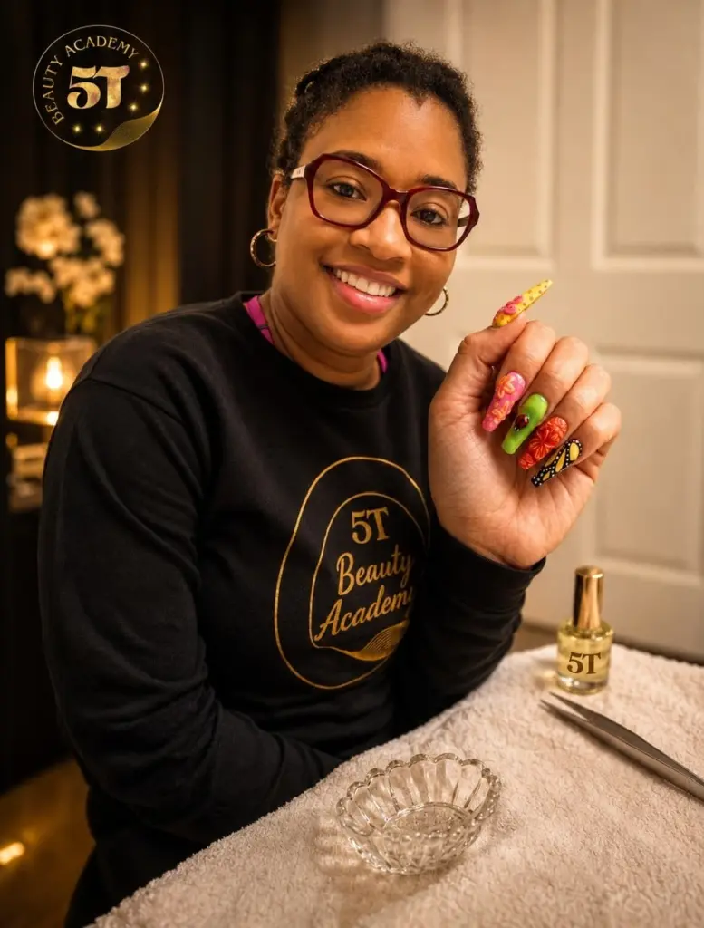 Nail artist student creating detailed nail designs during hands-on beauty training at 5T Beauty Academy.