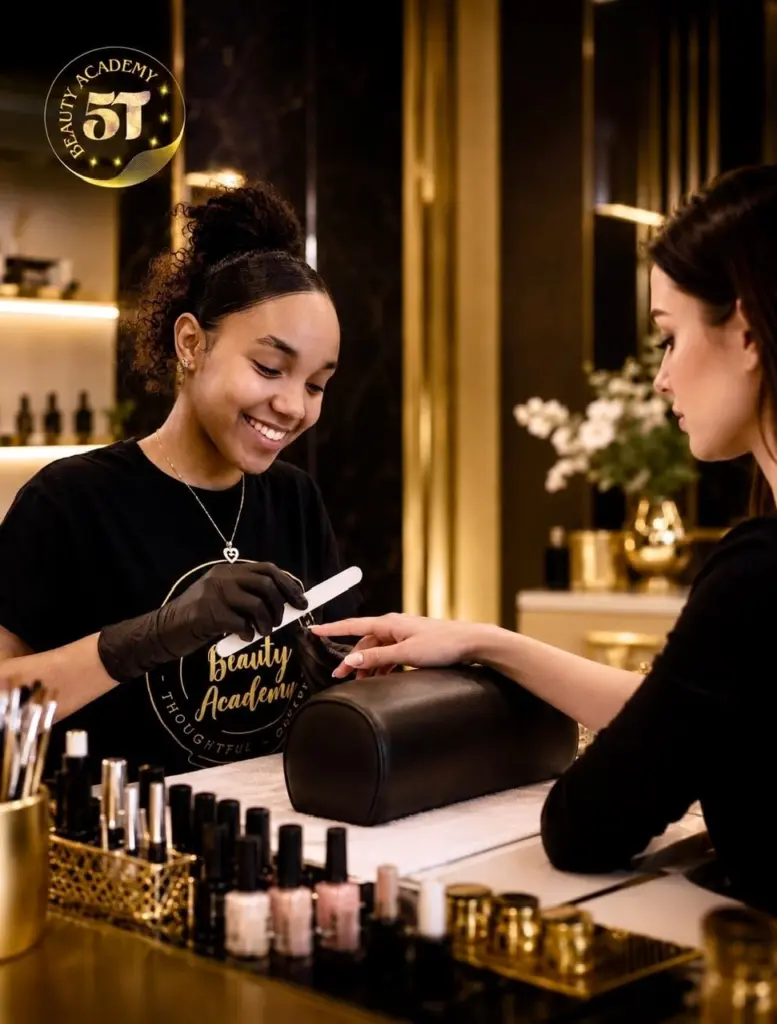Student providing professional manicure service during hands-on nail technician training at 5T Beauty Academy.