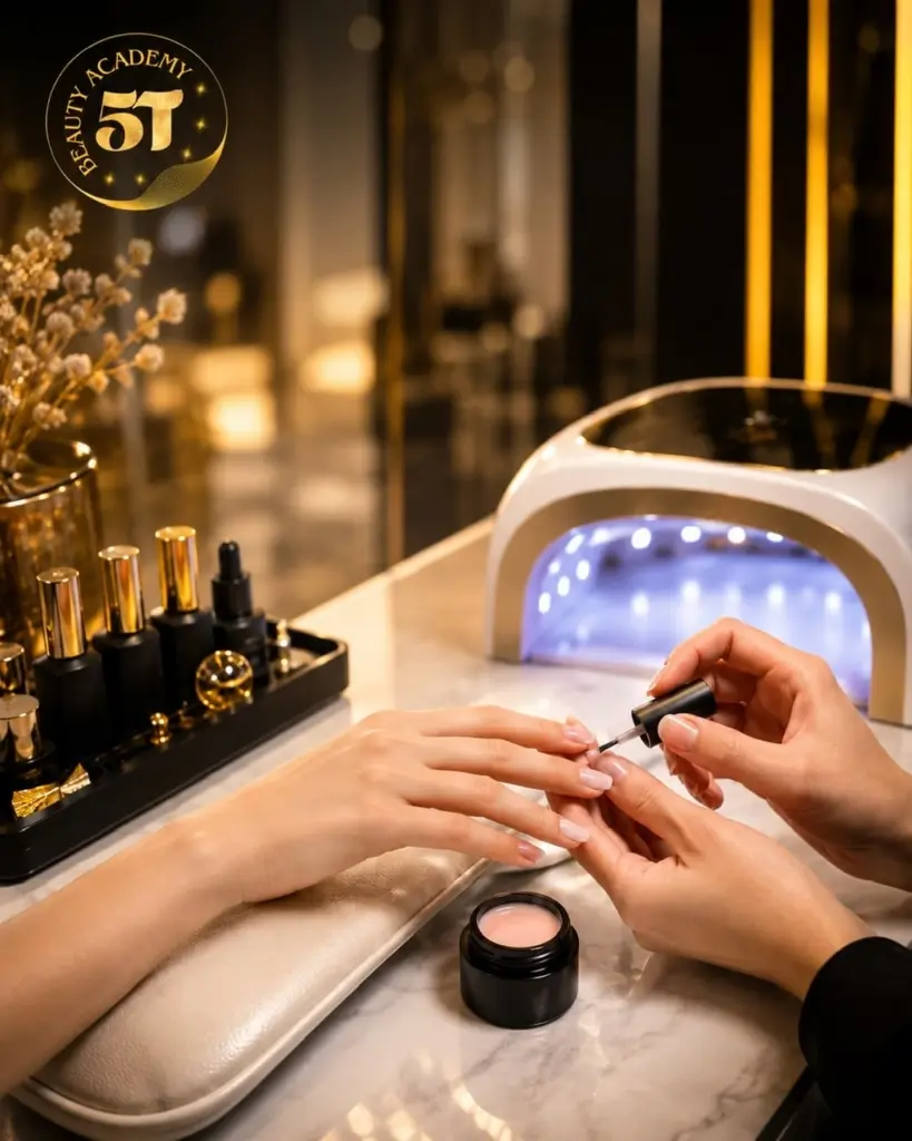 Student performing professional gel nail application during hands-on training at 5T Beauty Academy.
