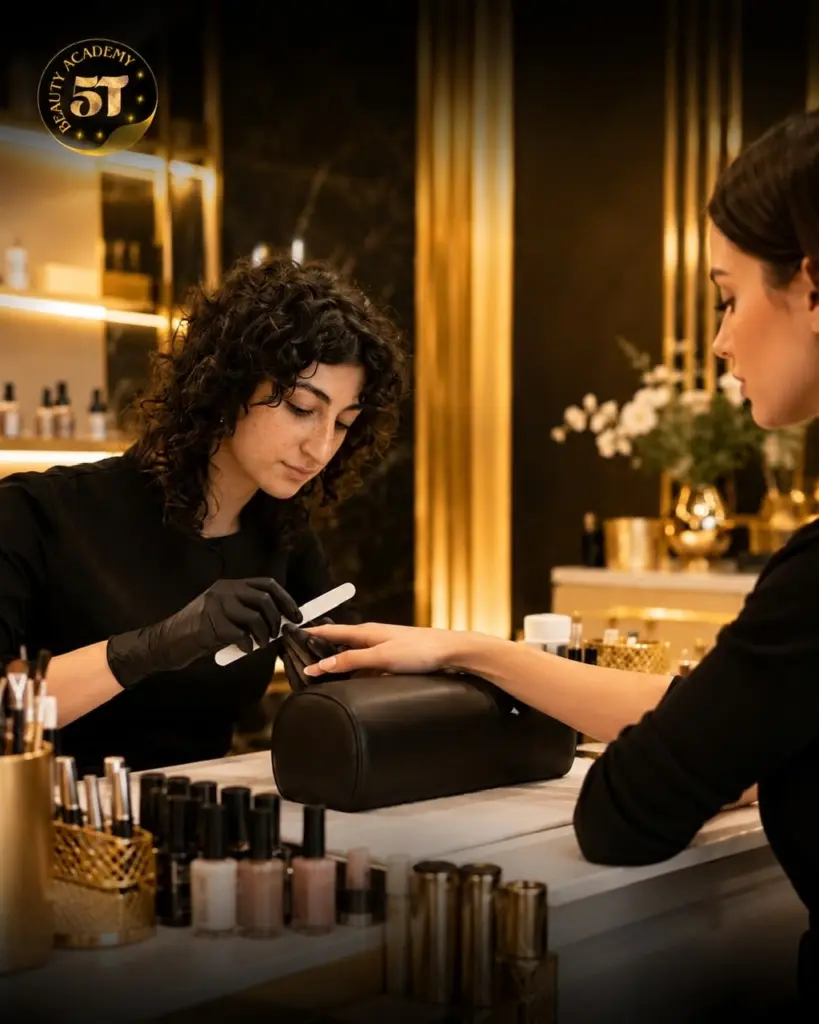 Beauty school student practicing acrylic nail application techniques during acrylic specialist training at 5T Beauty Academy.
