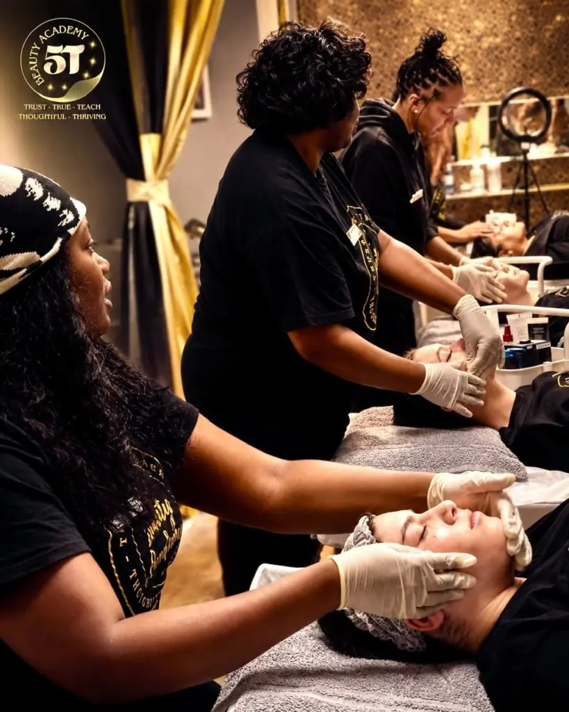 Spa specialist student practicing professional skincare and spa treatments during hands-on training at 5T Beauty Academy.