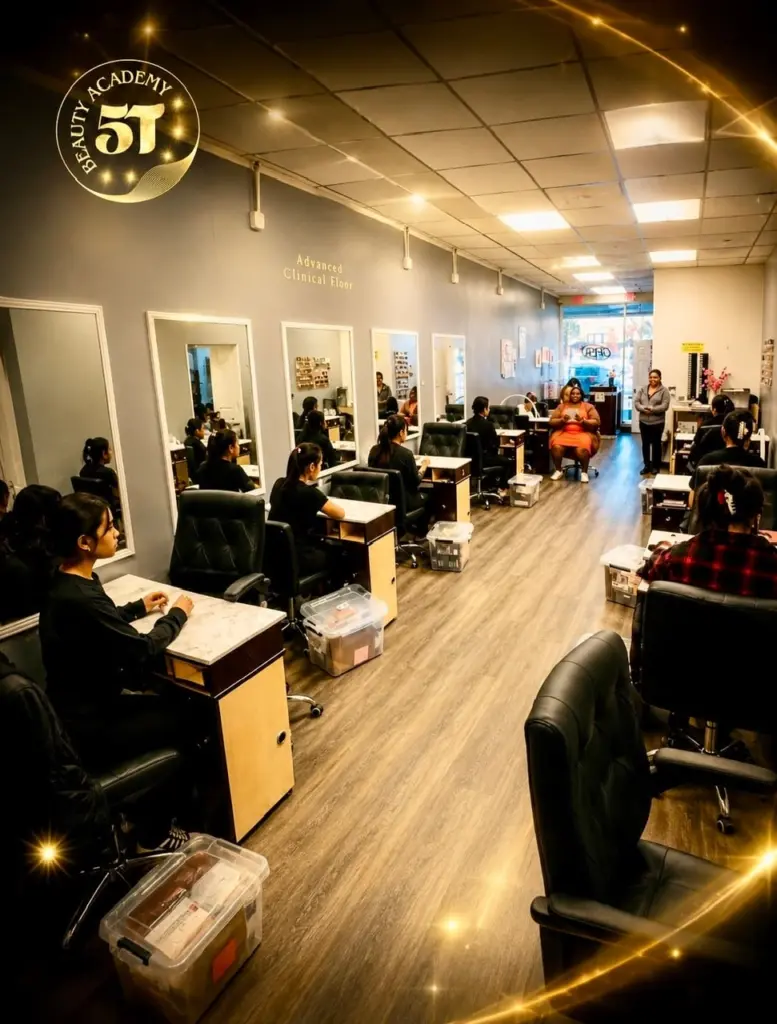 Beauty school student practicing professional salon services during hands-on training at 5T Beauty Academy.