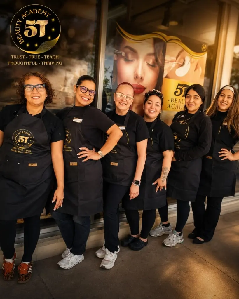 Beauty school students learning salon business and professional beauty skills at 5T Beauty Academy.