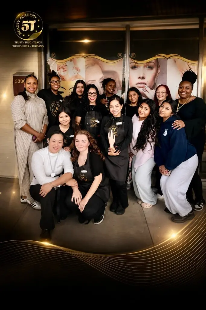 Beauty school students learning and practicing hands-on beauty techniques during daily class activities at 5T Beauty Academy.